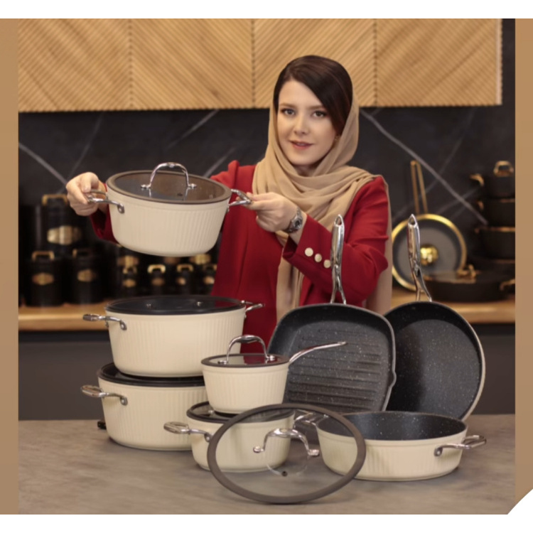 سرویس قابلمه  چدن 14 پارچه KZP مدل الما دسته سلیکونی 