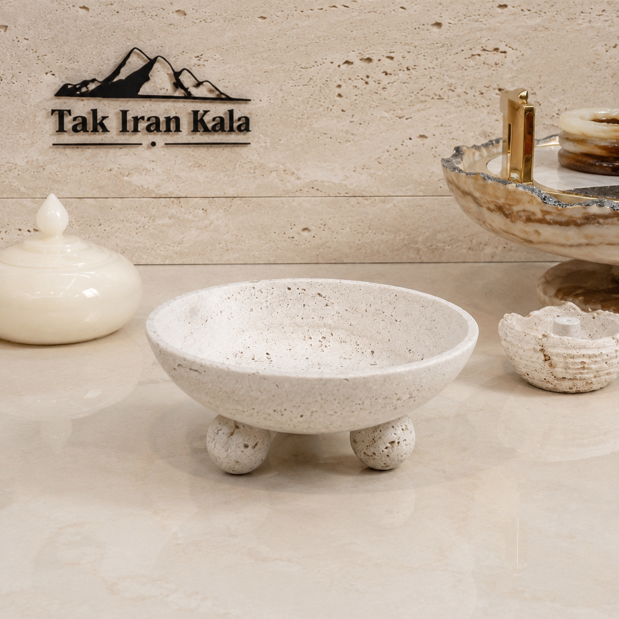 کاسه آجیل سنگی تراورتن سفید کد 0020