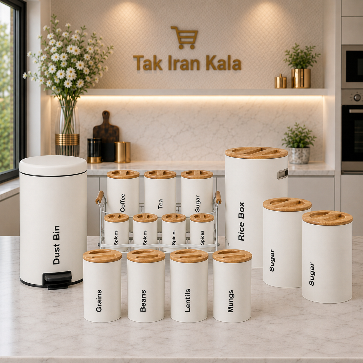 سرویس آشپزخانه یونیک مدل UN-8001 16 پارچه رنگ کرم درب چوبی